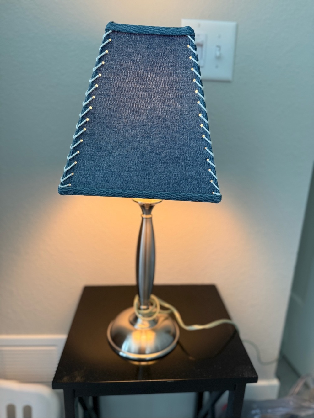 Vintage Pottery Barn Kids Denim Baseball Stitch Touch Lamp Set